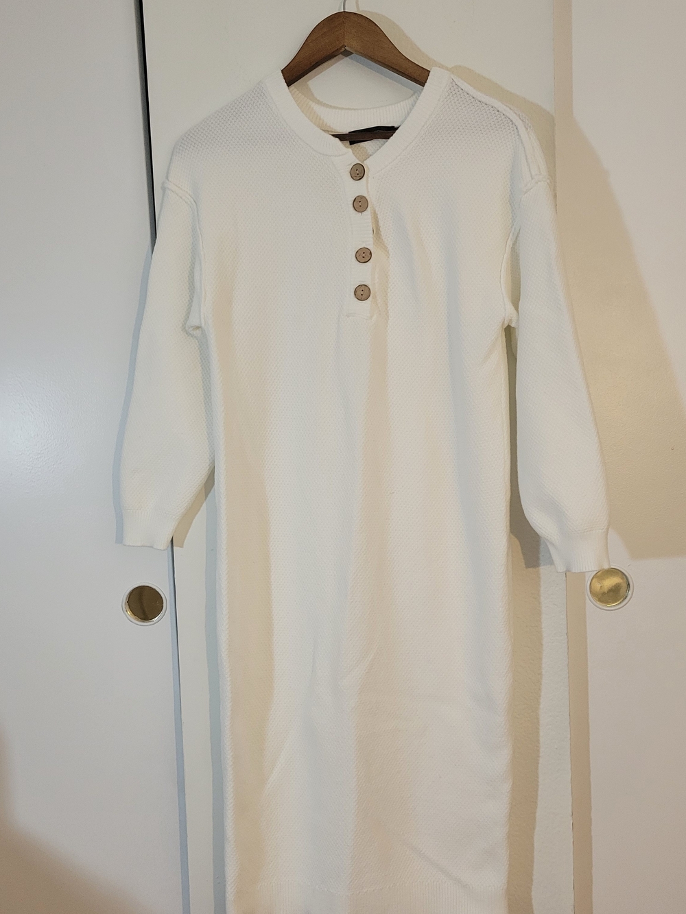 MEROKEETY Cream Henley Knit Midi Dress with Button Front